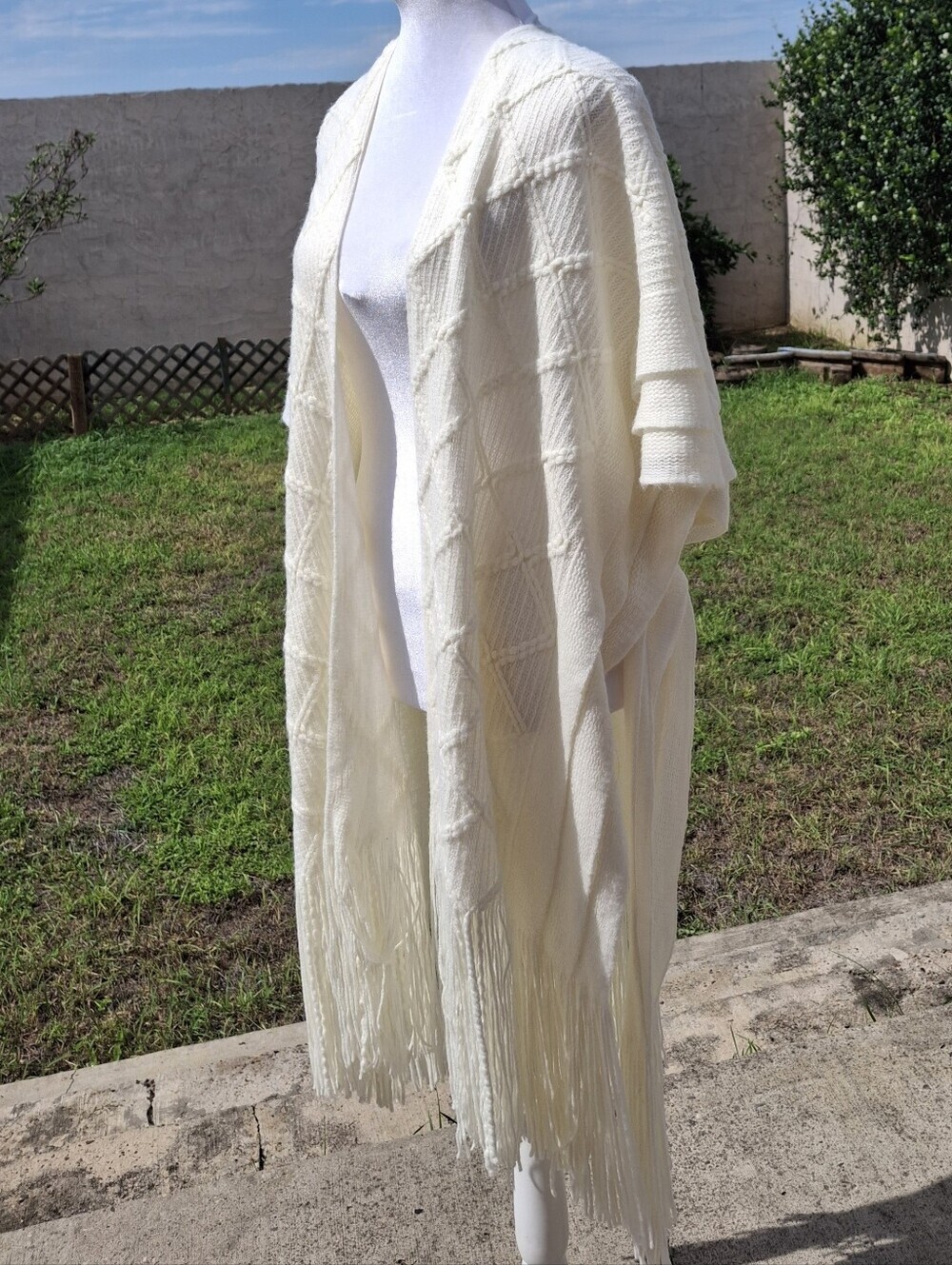 Cato Knit Open-Front Fringe Neutral Longline Drape Duster Wrap One Size Fits All - Picture 7 of 13
